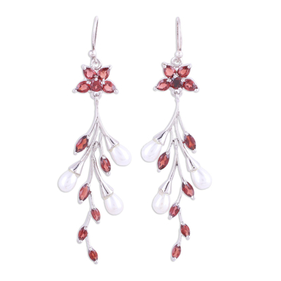 Garnet and cultured pearl dangle earrings, 'Red Branch' - Garnet and Cultured Pearl Dangle Earrings from India