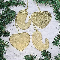Paper ornaments, 'Golden Connection' (set of 4) - Four Gold-Tone Heart and Paisley Ornaments from India