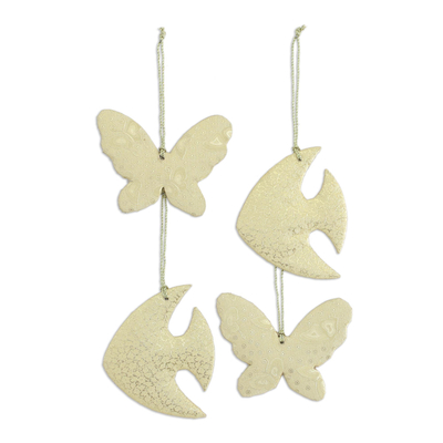 Paper ornaments, 'Golden Wildlife' (set of 4) - Four Gold-Tone Fish and Butterfly Ornaments from India
