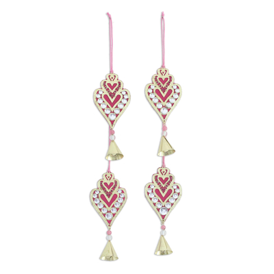 Brass ornaments, 'Glittering Hearts' (set of 4) - Set of Four Glass Beaded Brass Ornaments from India