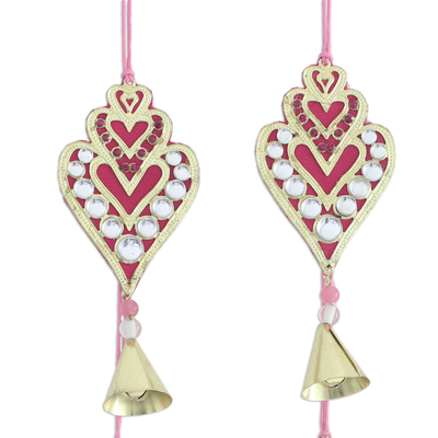 Brass ornaments, 'Glittering Hearts' (set of 4) - Set of Four Glass Beaded Brass Ornaments from India