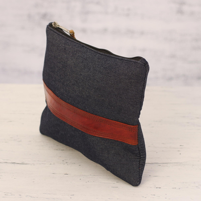 Leather accent denim cosmetic bag, 'Far Reaches' - Handmade Denim and Leather Cosmetic Bag