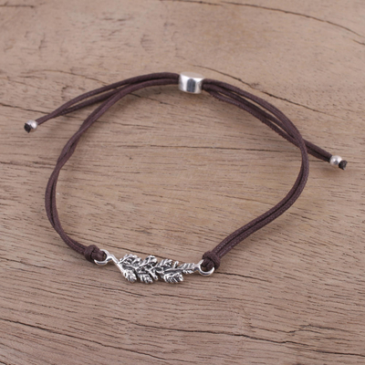Sterling silver pendant bracelet, 'Brown Leaves in Winter' - Brown Cotton Cord Bracelet with Sterling Silver Leaves