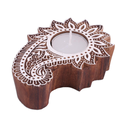 Wood tealight holder, 'Paisley Allure' - Wood Paisley Shaped Tealight Candle Holder