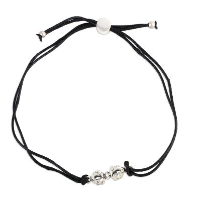 Sterling silver pendant bracelet, 'Vajra in Black' - Fair Trade Bracelet in Black Cotton with Sterling Silver