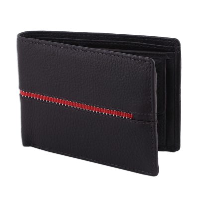 Men's leather wallet, 'Suave in Dark Brown' - Men's Dark Brown Leather Wallet with Red Fabric Accent