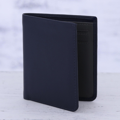 Leather bifold wallet, 'Noble Navy' - Sleek Navy Blue Leather Wallet from India