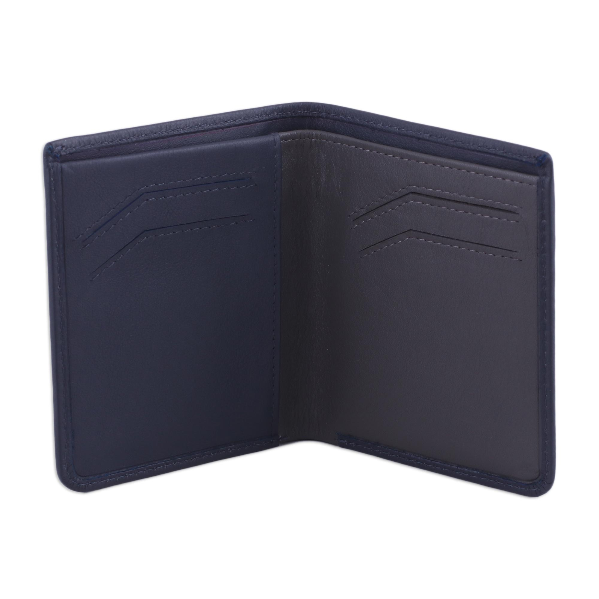 Sleek Navy Blue Leather Wallet from India - Noble Navy | NOVICA