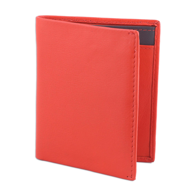 Leather card holder wallet, 'Fiery Passion' - Red Leather Card Holder from India