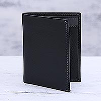 Leather card holder wallet, 'Reliable Black' - Leather Card Holder Wallet in Black and Grey