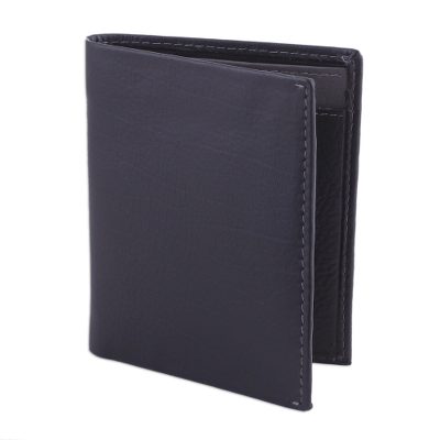 Leather card holder wallet, 'Reliable Black' - Leather Card Holder Wallet in Black and Grey