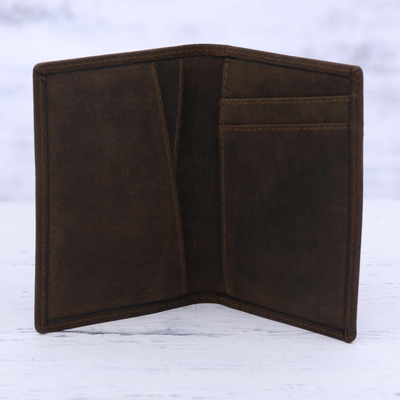 Leather card holder wallet, 'Enterprising Brown' - Dark Brown Leather Card Holder Bifold Wallet