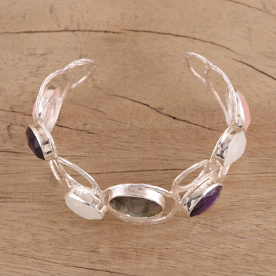 Multi-gemstone cuff bracelet, 'Harmonious Luster' - Multi-Gemstone Sterling Silver Cuff Bracelet from India