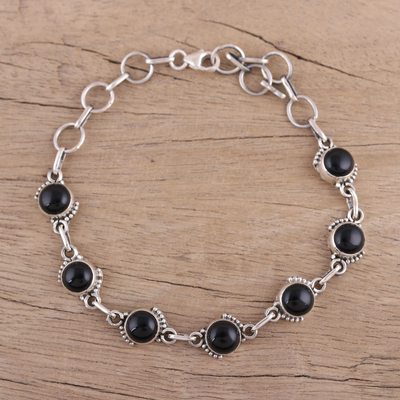 Onyx link bracelet, 'Charming Orbs' - Onyx and Sterling Silver Link Bracelet from India