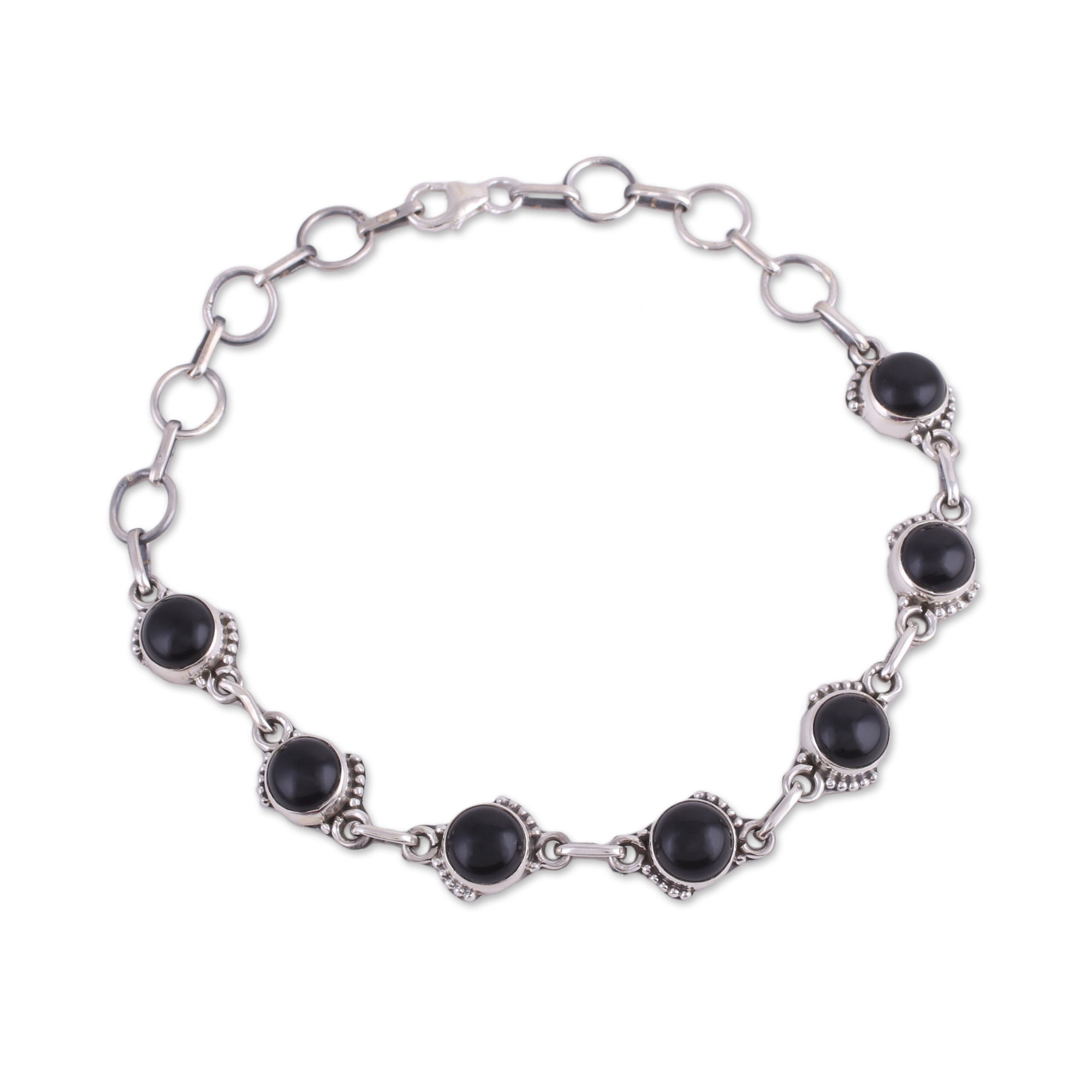 Onyx and Sterling Silver Link Bracelet from India - Charming Orbs | NOVICA