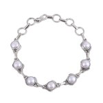 Cultured pearl link bracelet, 'Charming Orbs' - Cultured Pearl and Sterling Silver Link Bracelet from India