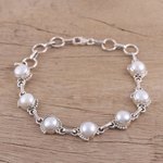 Cultured pearl link bracelet, 'Charming Orbs' - Cultured Pearl and Sterling Silver Link Bracelet from India