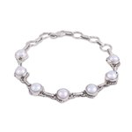 Cultured pearl link bracelet, 'Charming Orbs' - Cultured Pearl and Sterling Silver Link Bracelet from India