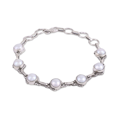 Cultured pearl link bracelet, 'Charming Orbs' - Cultured Pearl and Sterling Silver Link Bracelet from India
