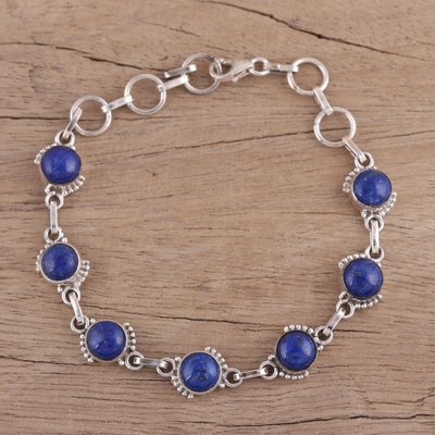 Lapis lazuli link bracelet, 'Charming Orbs' - Lapis Lazuli and Sterling Silver Link Bracelet from India