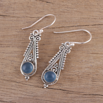 Chalcedony dangle earrings, 'Regal Peaks' - Pointed Chalcedony Dangle Earrings from India