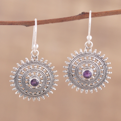 Amethyst dangle earrings, 'Sunshine Discs' - Circular Amethyst Dangle Earrings from India