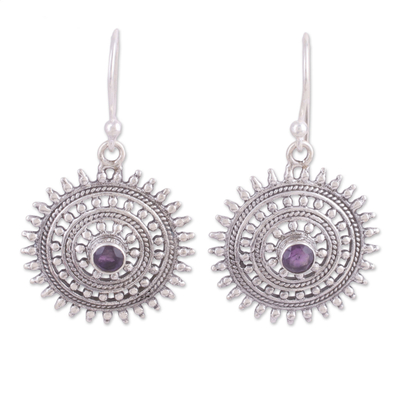 Amethyst dangle earrings, 'Sunshine Discs' - Circular Amethyst Dangle Earrings from India