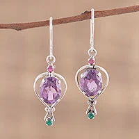 Multi-gemstone dangle earrings, 'Sparkling Allure' - Amethyst Emerald and Ruby Dangle Earrings from India