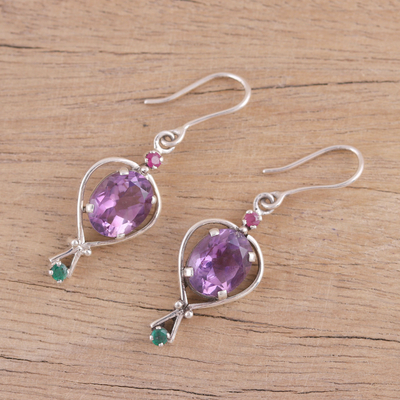 Multi-gemstone dangle earrings, 'Sparkling Allure' - Amethyst Emerald and Ruby Dangle Earrings from India