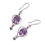 Multi-gemstone dangle earrings, 'Sparkling Allure' - Amethyst Emerald and Ruby Dangle Earrings from India