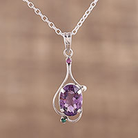 Multi-gemstone pendant necklace, 'Alluring Glisten' - Amethyst Ruby and Emerald Pendant Necklace from India
