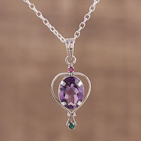 Multi-gemstone pendant necklace, 'Sparkling Allure' - Amethyst Emerald and Ruby Pendant Necklace from India