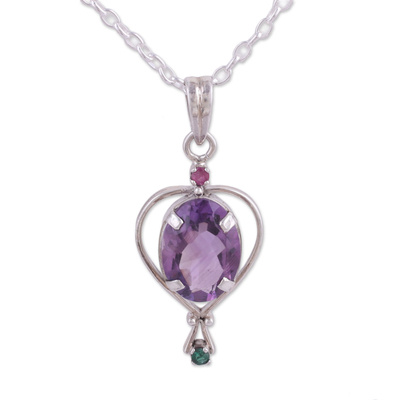 Amethyst Emerald and Ruby Pendant Necklace from India