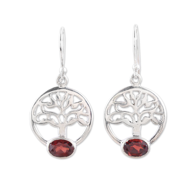 Tree-Shaped Garnet and Silver Dangle Earrings from India