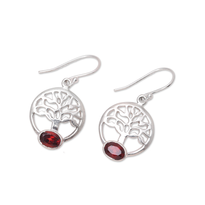 Garnet dangle earrings, 'Corona Trees' - Tree-Shaped Garnet and Silver Dangle Earrings from India