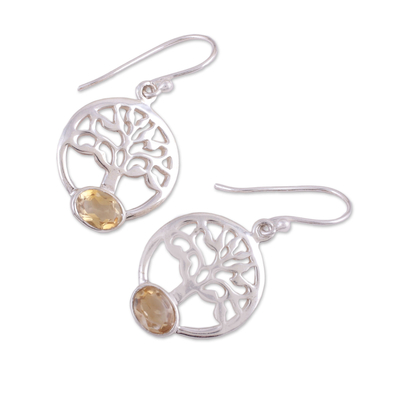 Citrine dangle earrings, 'Corona Trees' - Tree-Shaped Citrine and Silver Dangle Earrings from India