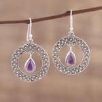 Amethyst dangle earrings, 'Floral Loop in Purple' - Amethyst and Sterling Silver Floral Motif Dangle Earrings