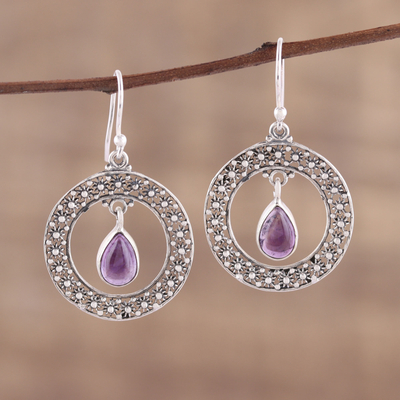 Amethyst dangle earrings, 'Floral Loop in Purple' - Amethyst and Sterling Silver Floral Motif Dangle Earrings