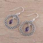 Amethyst dangle earrings, 'Floral Loop in Purple' - Amethyst and Sterling Silver Floral Motif Dangle Earrings