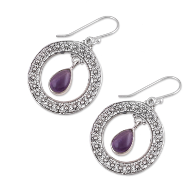 Amethyst dangle earrings, 'Floral Loop in Purple' - Amethyst and Sterling Silver Floral Motif Dangle Earrings