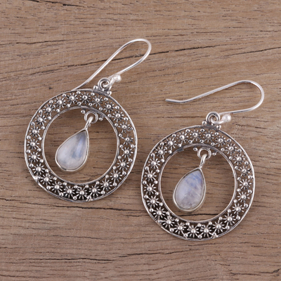 Rainbow moonstone dangle earrings, 'Floral Loop in White' - Rainbow Moonstone and Sterling Silver Dangle Earrings
