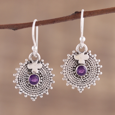 Amethyst dangle earrings, 'Purple Sunbeams' - Indian Amethyst and Sterling Silver Round Dangle Earrings