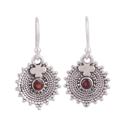 Indian Sterling Silver and Garnet Round Dangle Earrings