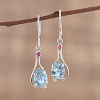 Rhodium plated blue topaz and ruby dangle earrings, 'Enthralling Sky'