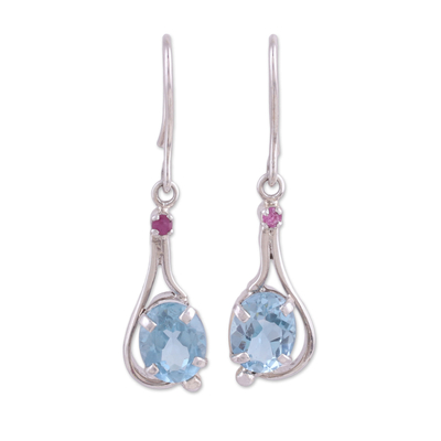 Rhodium plated blue topaz and ruby dangle earrings, 'Enthralling Sky' - Indian Blue Topaz and Ruby Sterling Silver Dangle Earrings