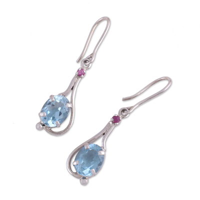 Rhodium plated blue topaz and ruby dangle earrings, 'Enthralling Sky' - Indian Blue Topaz and Ruby Sterling Silver Dangle Earrings