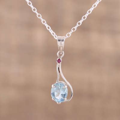 Blue topaz and ruby pendant necklace, 'Enthralling Sky' - Blue Topaz and Ruby Pendant Necklace from India