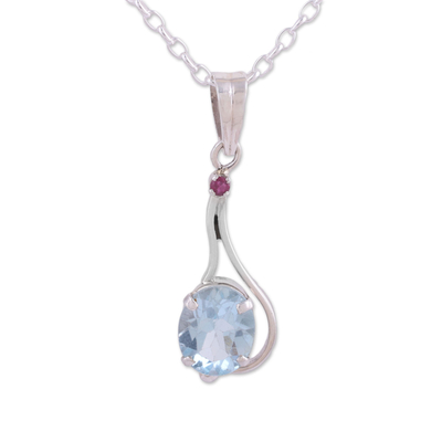 Blue topaz and ruby pendant necklace, 'Enthralling Sky' - Blue Topaz and Ruby Pendant Necklace from India