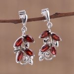 Garnet dangle earrings, 'Scarlet Charm' - Leaf Motif Garnet Dangle Earrings from India