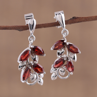 Garnet dangle earrings, 'Scarlet Charm' - Leaf Motif Garnet Dangle Earrings from India
